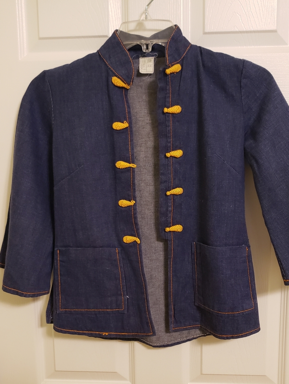 Vintage Navy Blue Denim Mandarin Jacket with Gold Frog Closures, Size S or XS